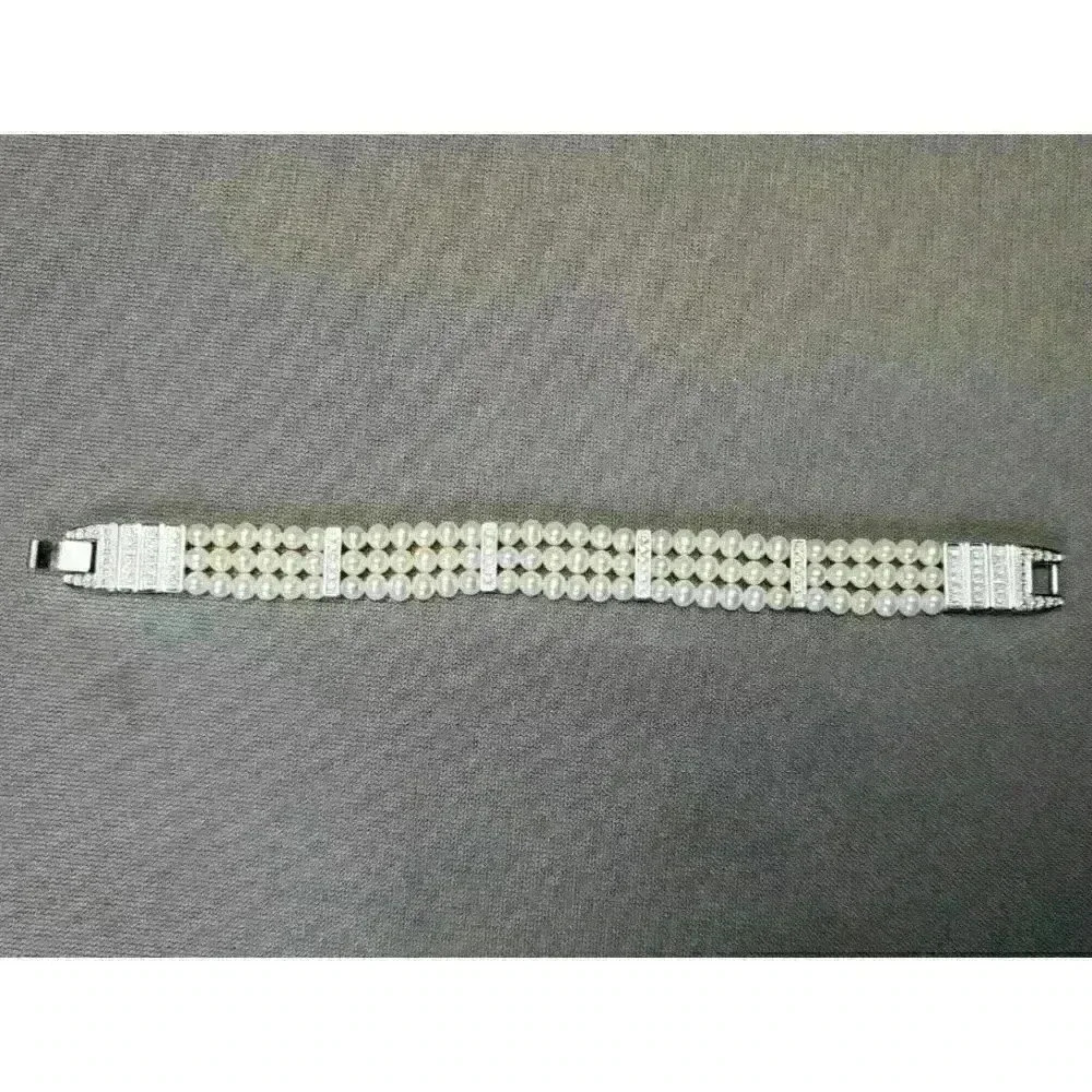 Faux Pearl Beaded Bracelet 7" w/ Rhinestone Silver-tone Spacers Fashion Jewelry - Picture 3 of 4